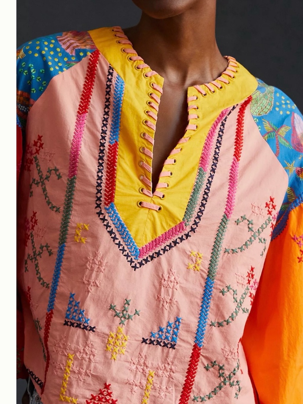 Farm Rio Embroidered Colorblock Blouse - Picture 4 of 6